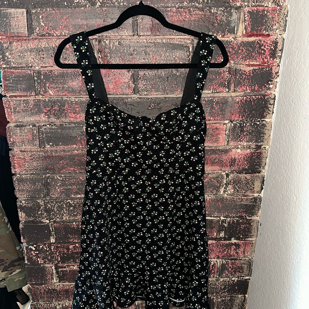 Anthropologie Floral Black Navy Dress with White and Green Accents
